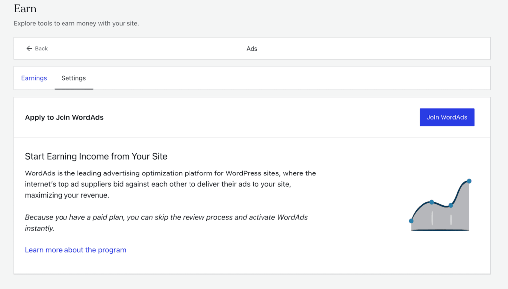 Screenshot showing the Join WordAds screen.